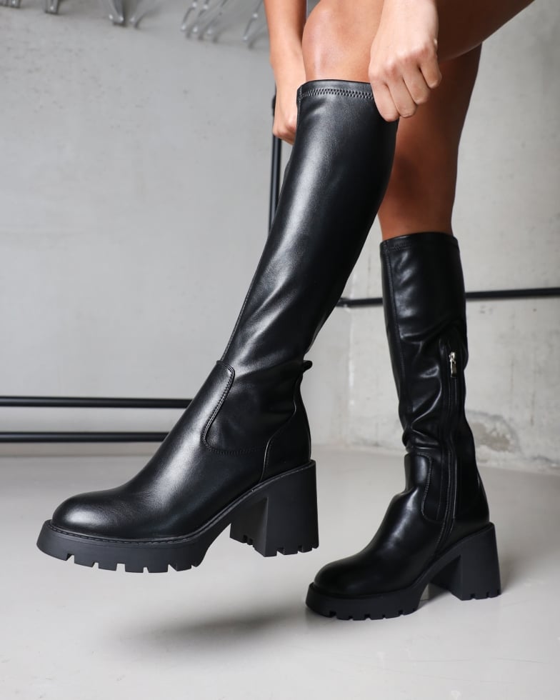 Bryce Black Stretch Knee High Chunky Boots | SIMMI London