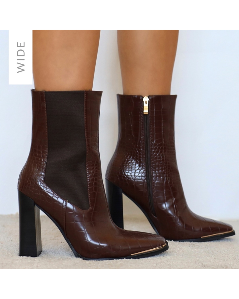 Laney Wide Fit Brown Faux Croc Print Block Heel Ankle Boots | SIMMI London