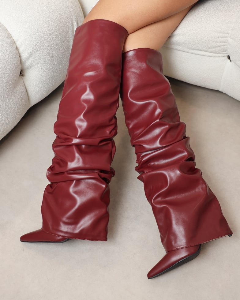 Lukas Burgundy Ruched Fold Over Knee High Boots | SIMMI London