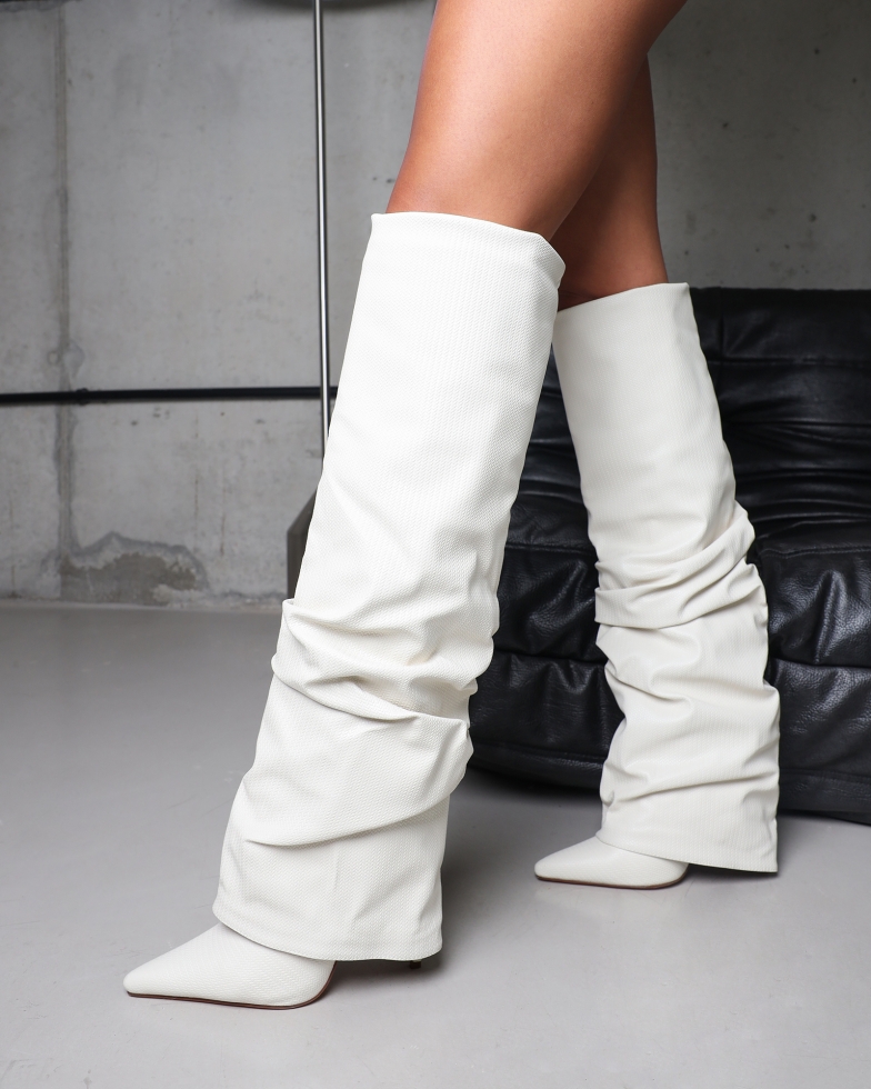 Lukas Ecru Textured Ruched Fold Over Knee High Boots | SIMMI London