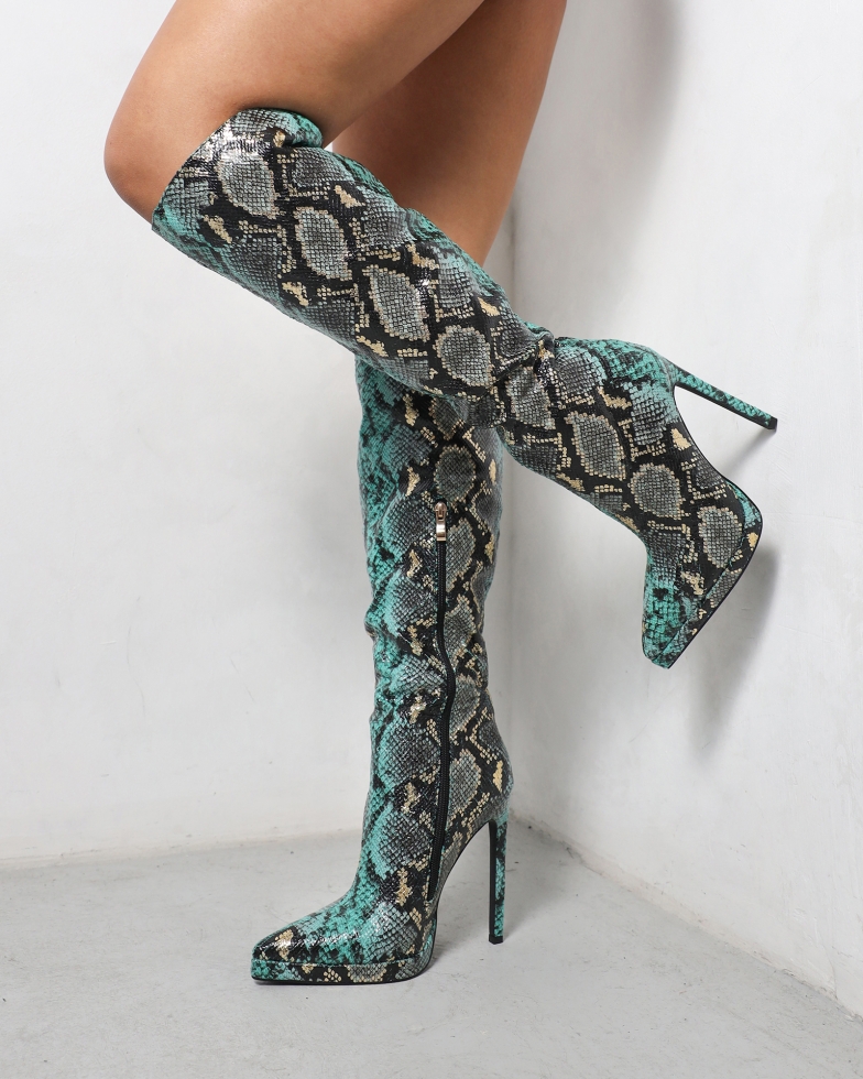 Bentoni Green Snake Effect Knee Boots | SIMMI London