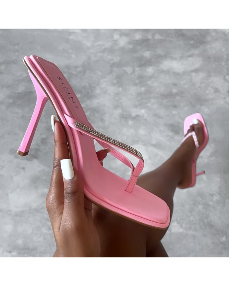 Leo Pink Diamante Toe Thong High Heel Mules | SIMMI London