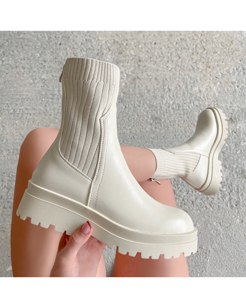 Lottie Cream Knit Insert Chunky Ankle Boots | SIMMI London