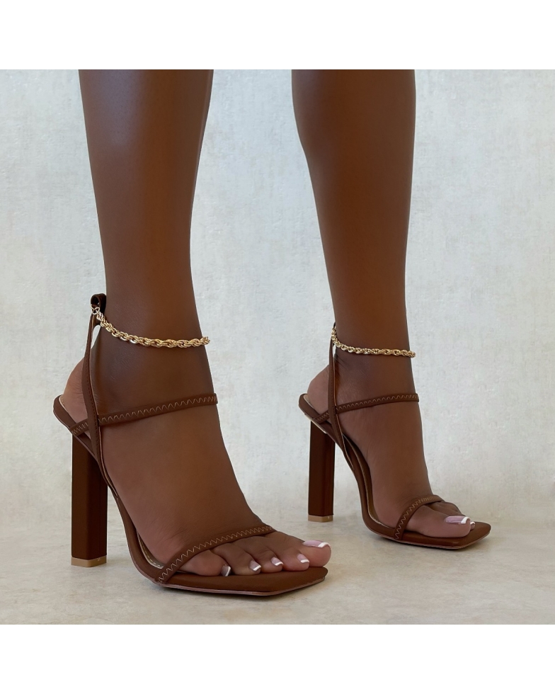 Luca Brown Lycra Chain Detail Block Heels | SIMMI London