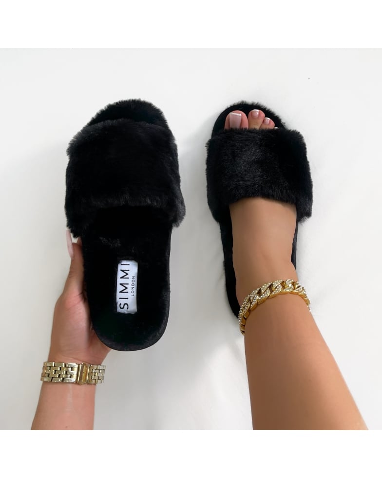 Maci Black Fluffy Faux Fur Slippers | SIMMI London