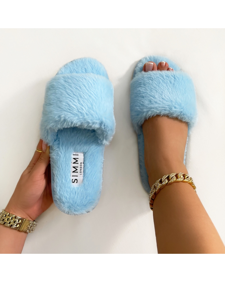 Maci Blue Fluffy Faux Fur Slippers | SIMMI London