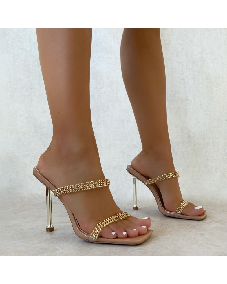 SIMMI Shoes / Madira Nude Patent Clear Chain Stiletto Mules