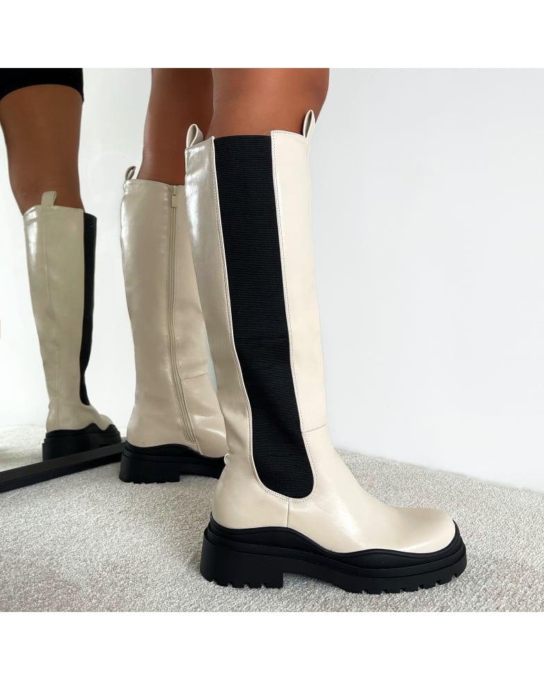 Marcello Ecru Knee High Chelsea Boots | SIMMI London