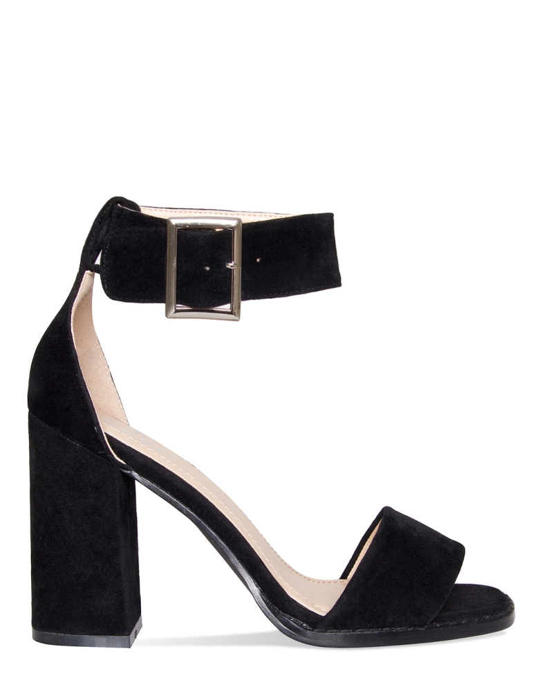 Mabel Black Suede Buckle Block Heels