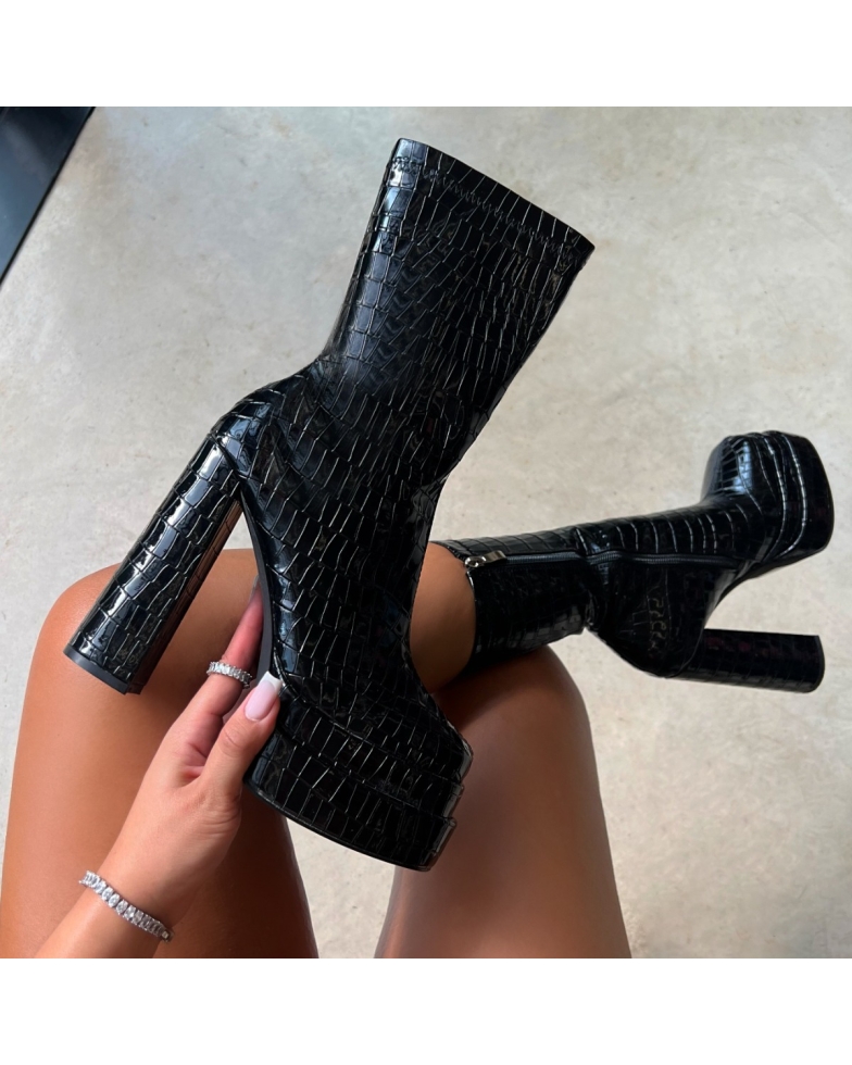 Tasha Ghouri Martha Black Faux Croc Print Platform Ankle Boots | SIMMI London