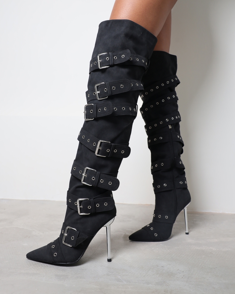 Maxton Black Nubuck Multi Buckle Thigh High Boots | SIMMI London