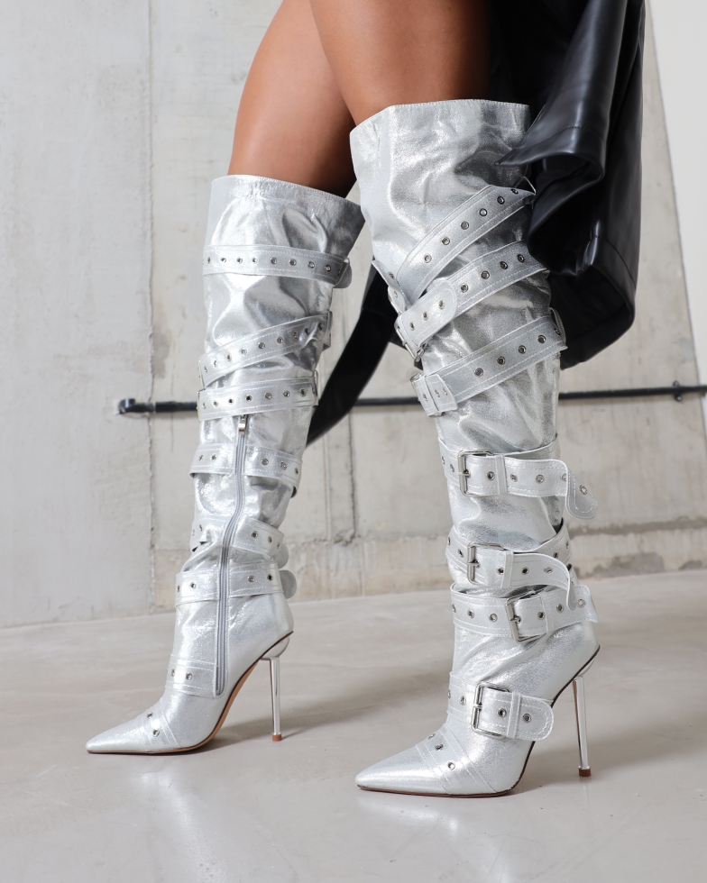 Maxton Silver Denim Multi Buckle Thigh High Boots | SIMMI London