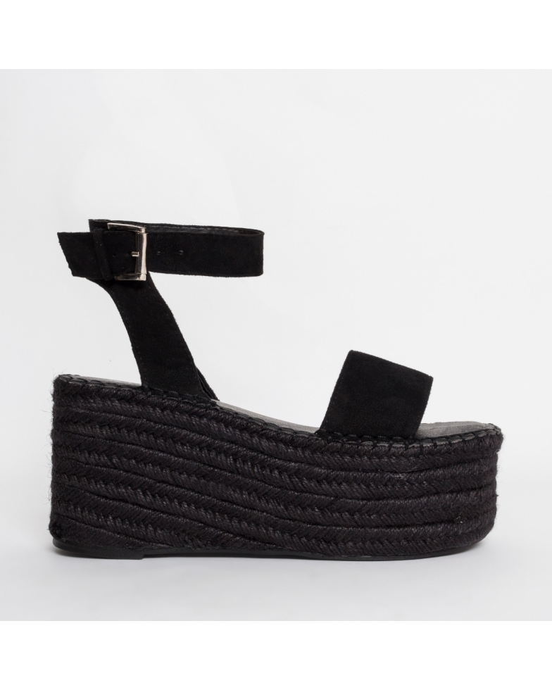 Mae Black Suede Buckle Espadrille Flatforms