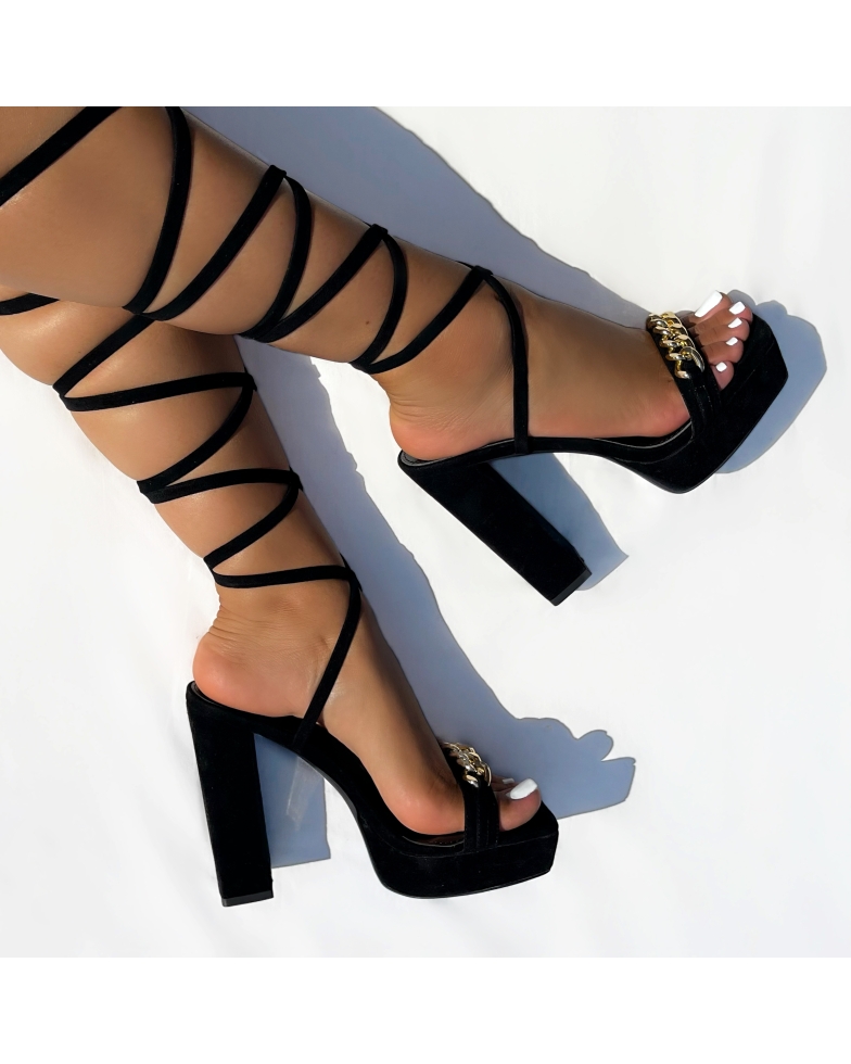 Milena Black Suedette Chain Lace Up Platform Block Heels | SIMMI London