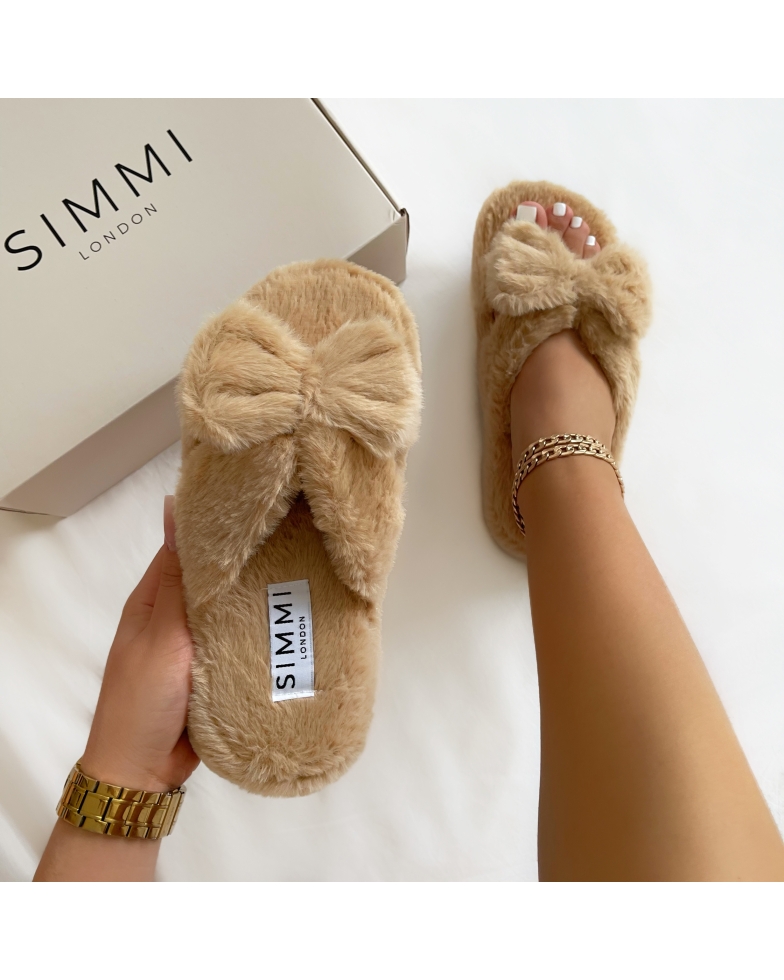 Mimmi Cream Fluffy Bow Slippers | SIMMI London