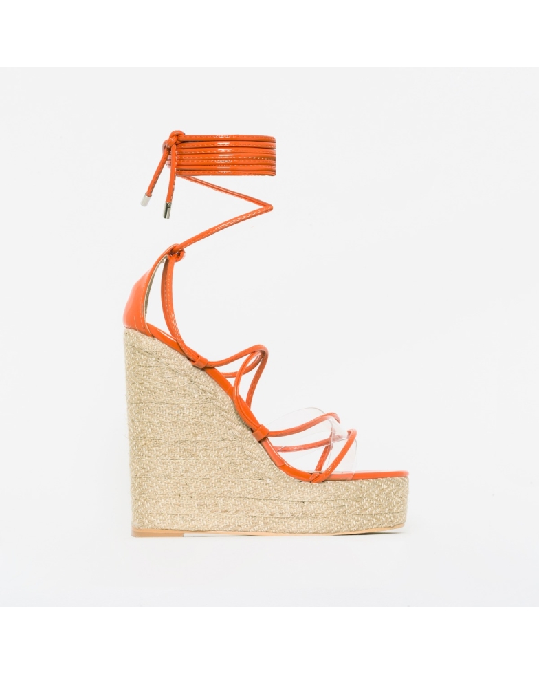 Misty Orange Patent Clear Lace Up Espadrille Wedges