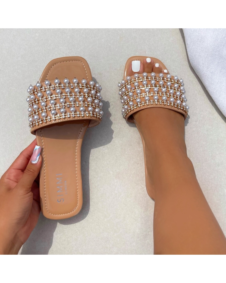 Mylah Nude Patent Pearl Diamante Detail Flat Sandals | SIMMI London