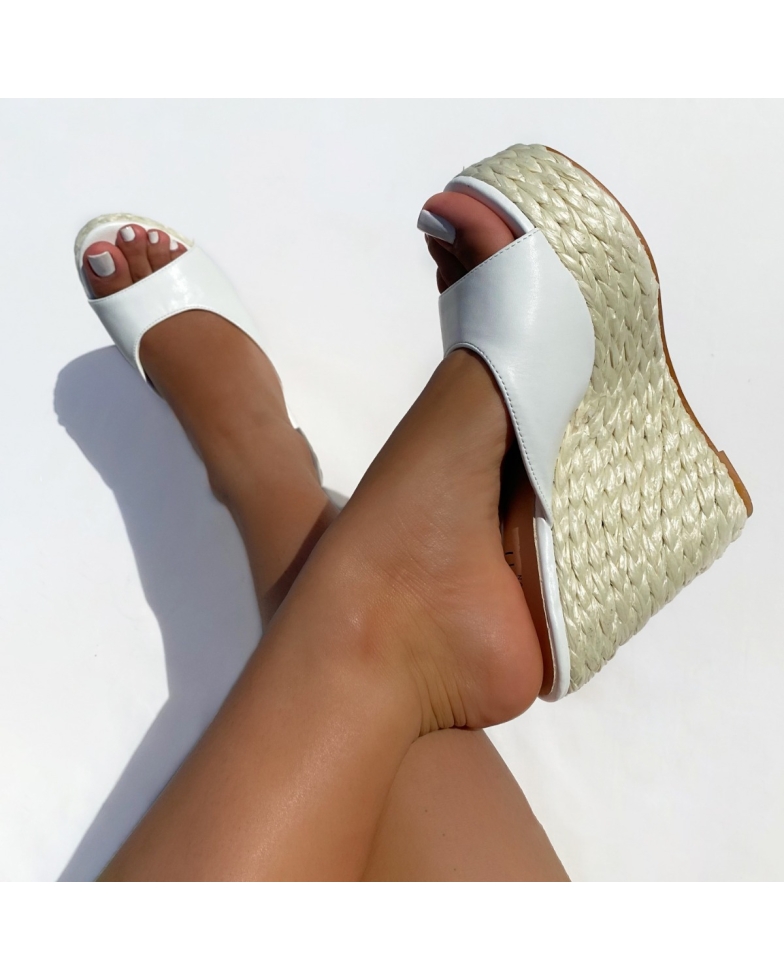 Naia White Heeled Wedge Mules | SIMMI London