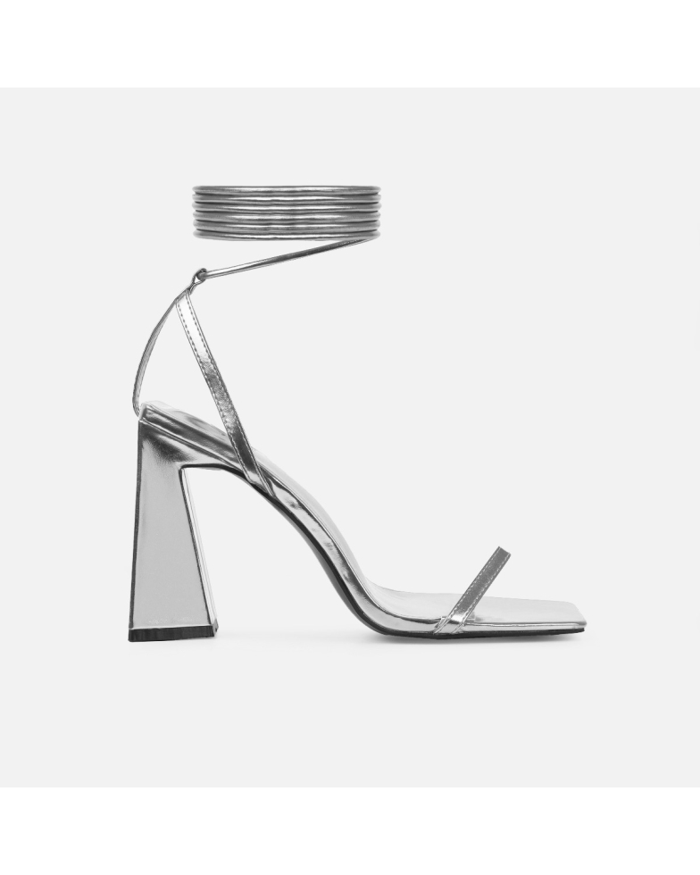 Nydia Silver Mirror Lace Up Block Heels | SIMMI London