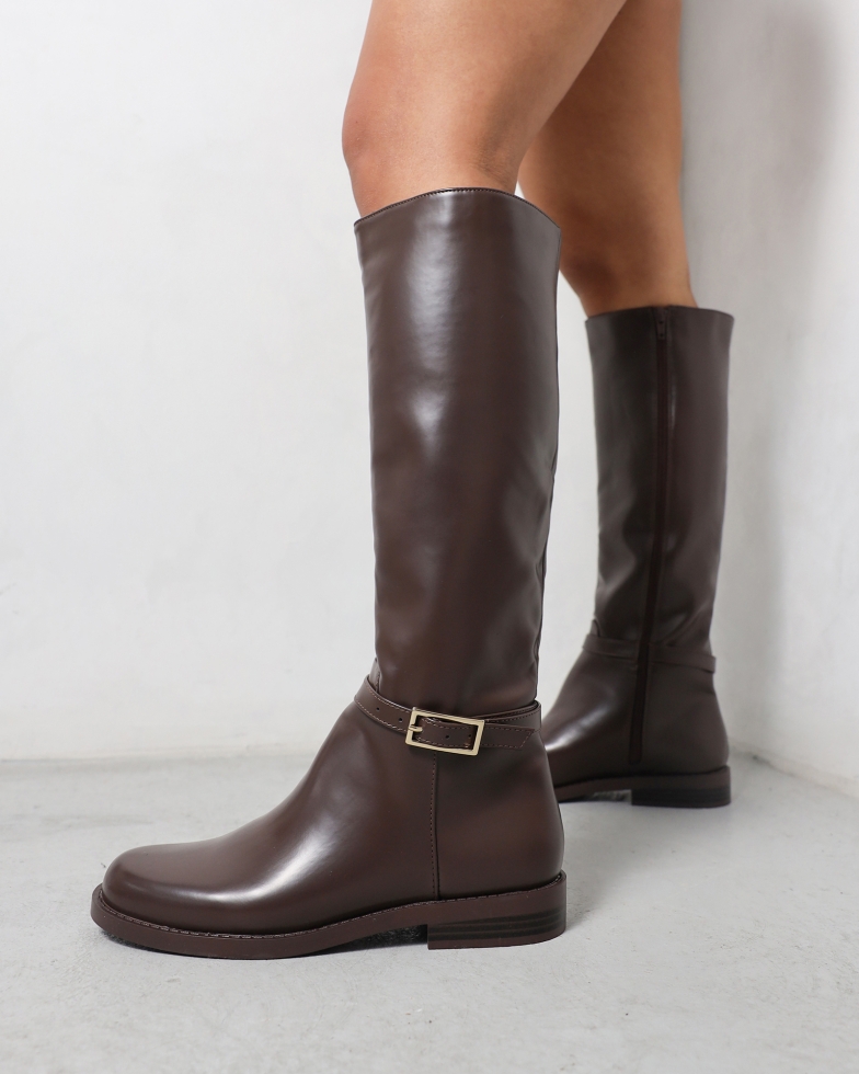 Oakleigh Chocolate Brown Box Smart Knee Boots | SIMMI London