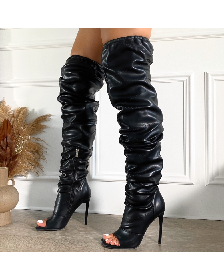 Ottilia Black Ruched Peep Toe Stiletto Thigh High Boots | SIMMI London