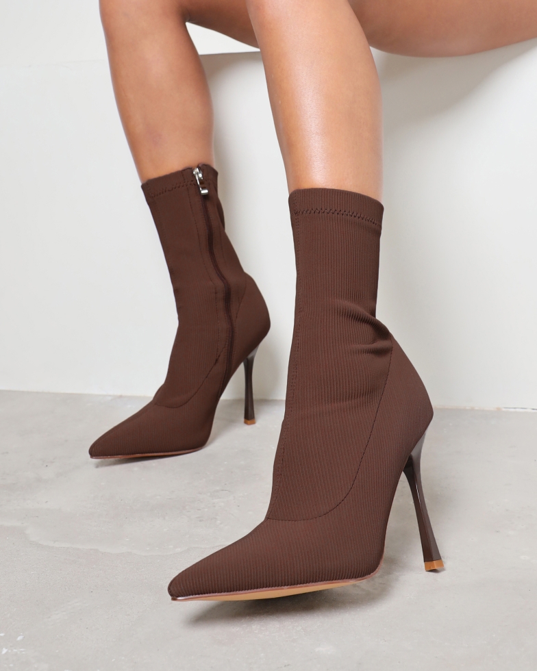 Huntley Chocolate Brown Ribbed Stretch Heeled Boots | SIMMI London