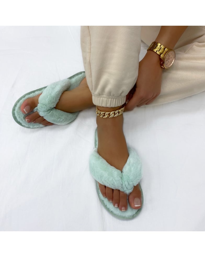 Peaches Mint Green Fluffy Toe Post Slippers | SIMMI London