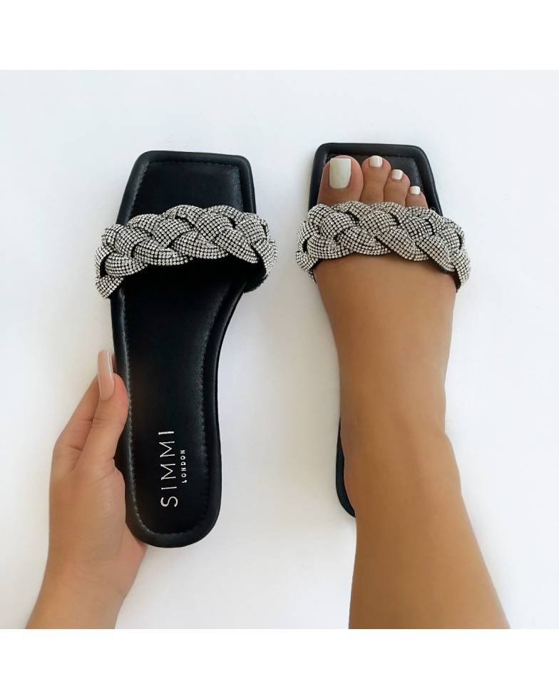 Pearl Black Woven Diamante Strap Flat Sandals | SIMMI London