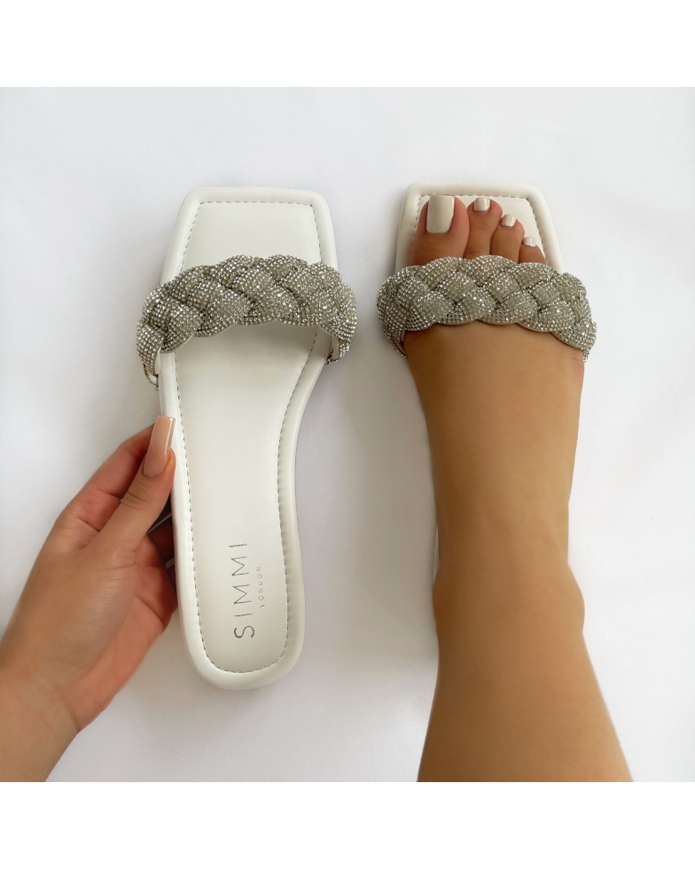 Pearl White Woven Diamante Strap Flat Sandals | SIMMI London