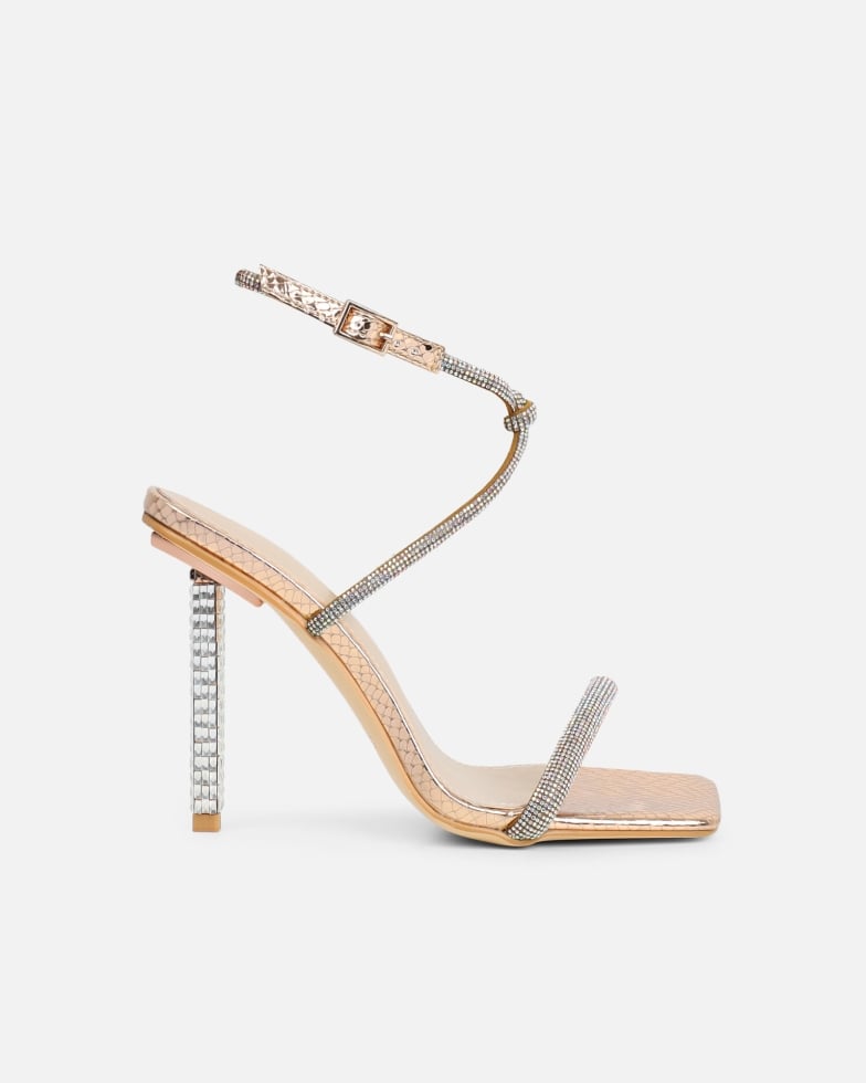 Rainbow rose gold snake diamante heeled sandals with iridescent stones | SIMMI London