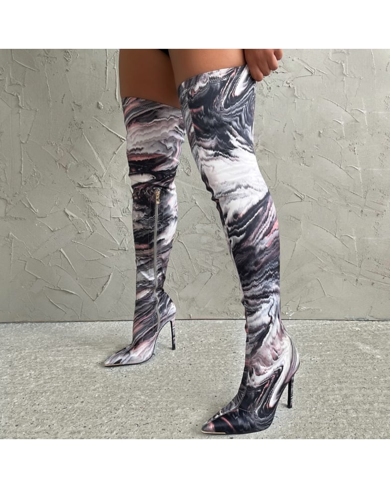 Reuben Black Marble Print Pointed Toe Thigh High Boots | SIMMI London