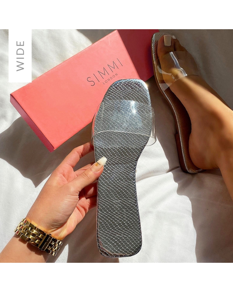 Rhianne Wide Fit Silver Snake Print Clear Sliders | SIMMI London