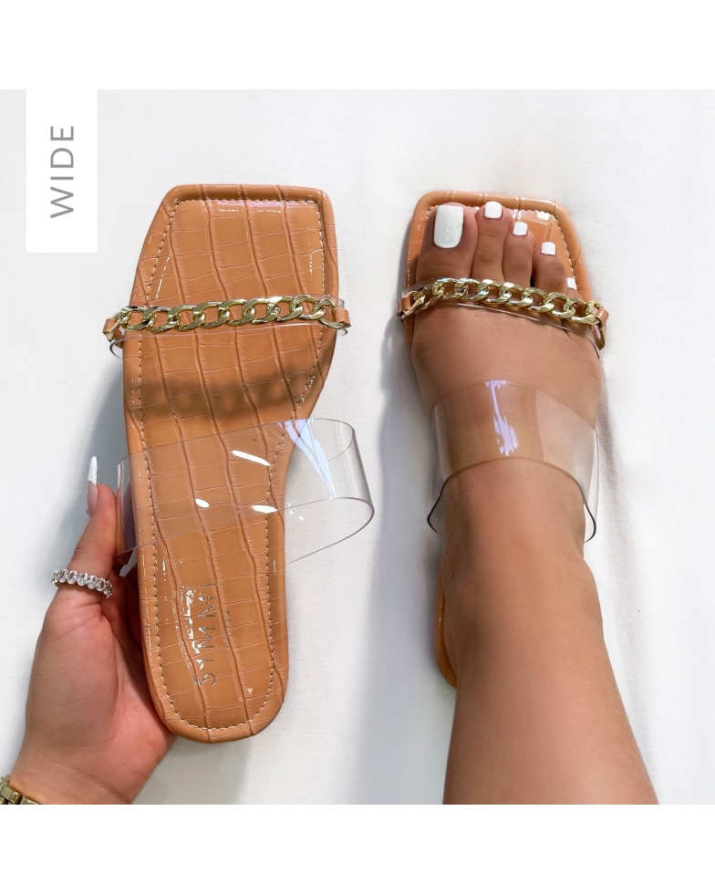 River Wide Fit Clear Nude Faux Croc Print Chain Strap Sandals | SIMMI London