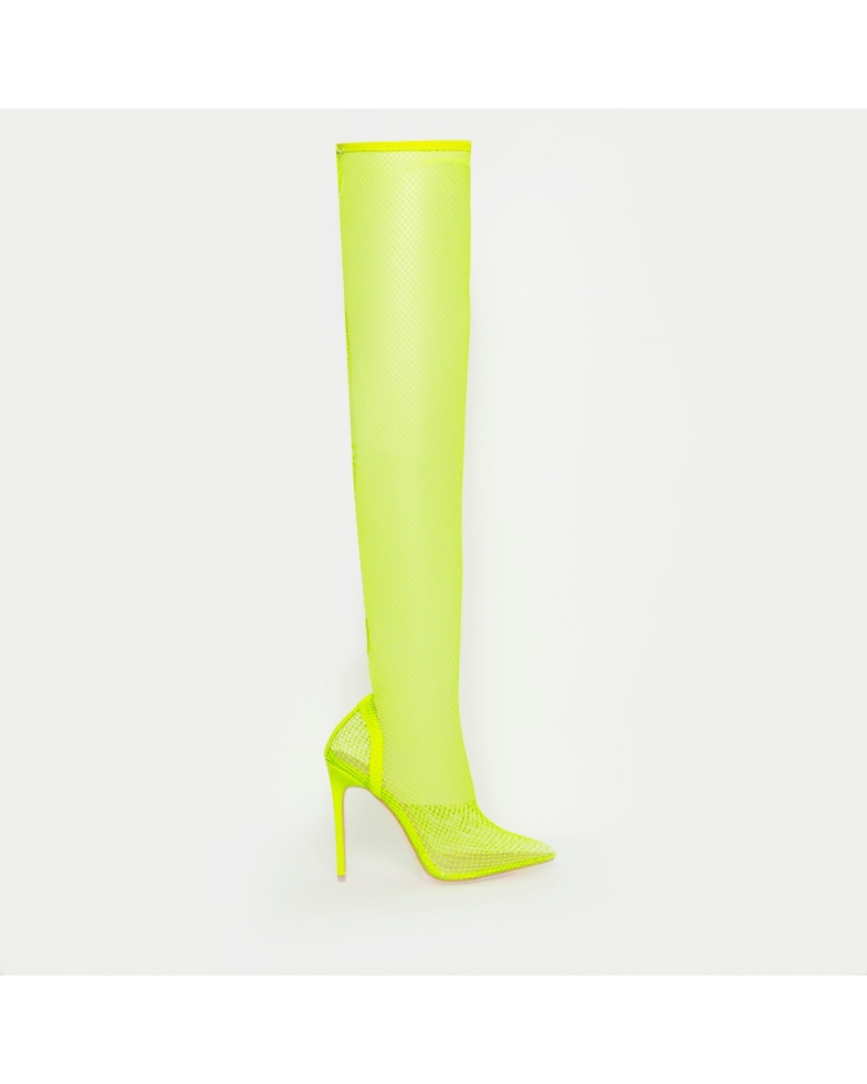 SIMMI SHOES / KANYA NEON YELLOW CLEAR FISHNET THIGH HIGH HEELS