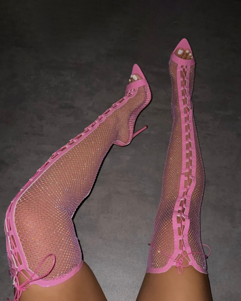 Talitha Bright Pink Diamante Lace Up Thigh High Heels