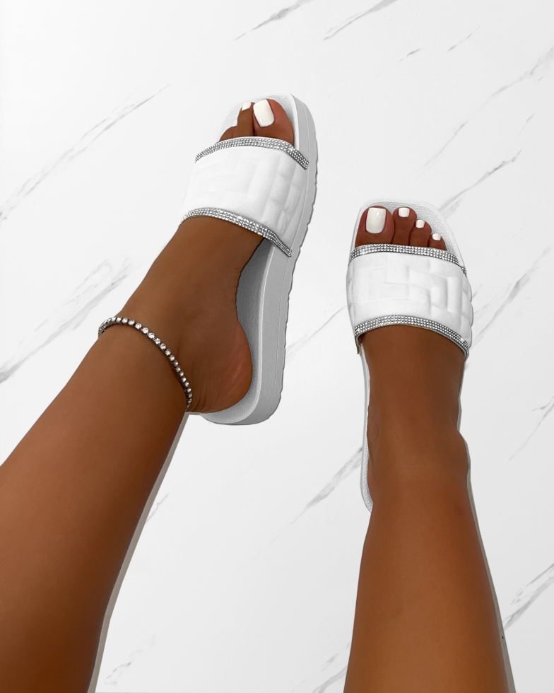 Seona White Diamante Slides