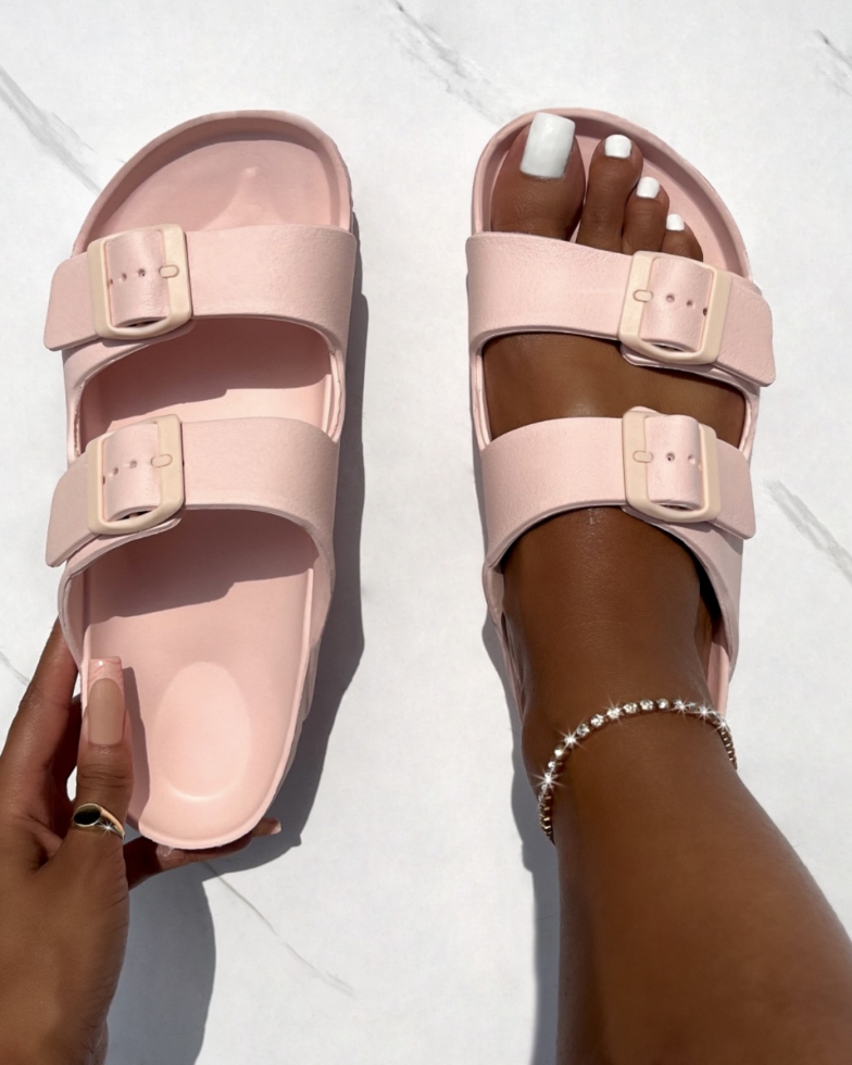 Shells Pink Double Strap Moulded Flat Sandals 