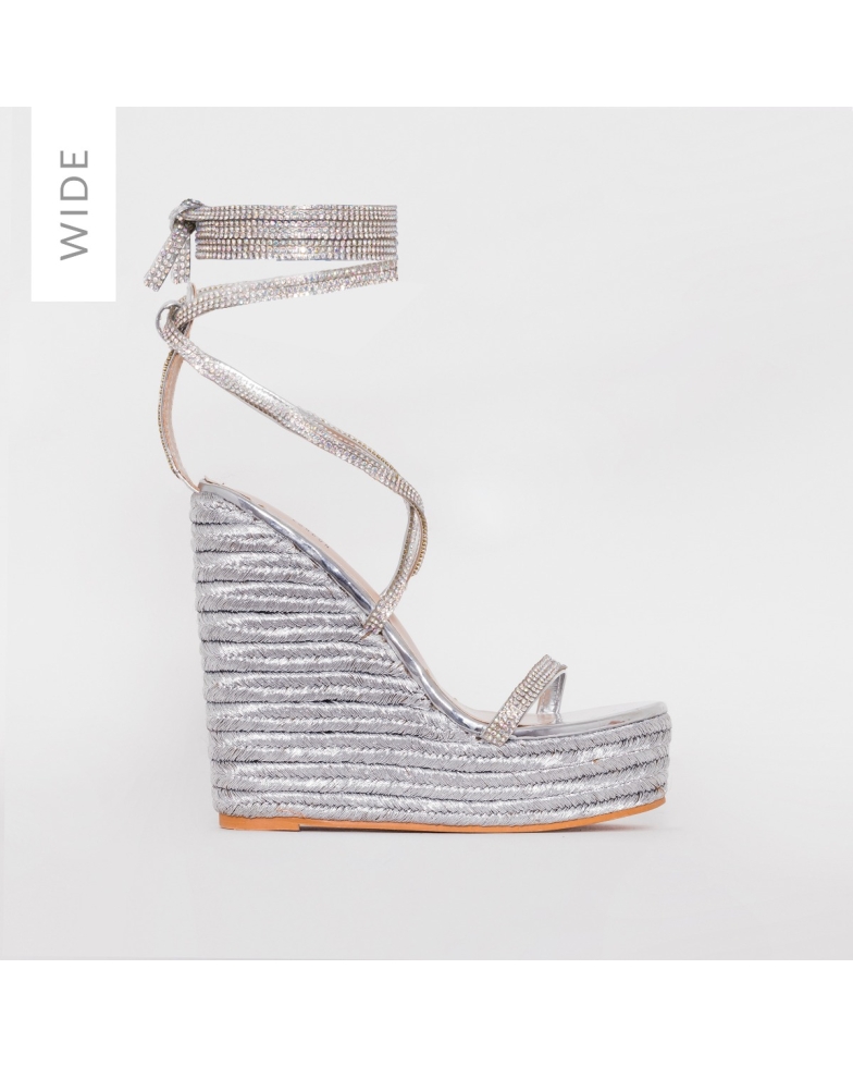 SIMMI SHOES / CIARA WIDE FIT SILVER MIRROR ESPADRILLE WEDGES