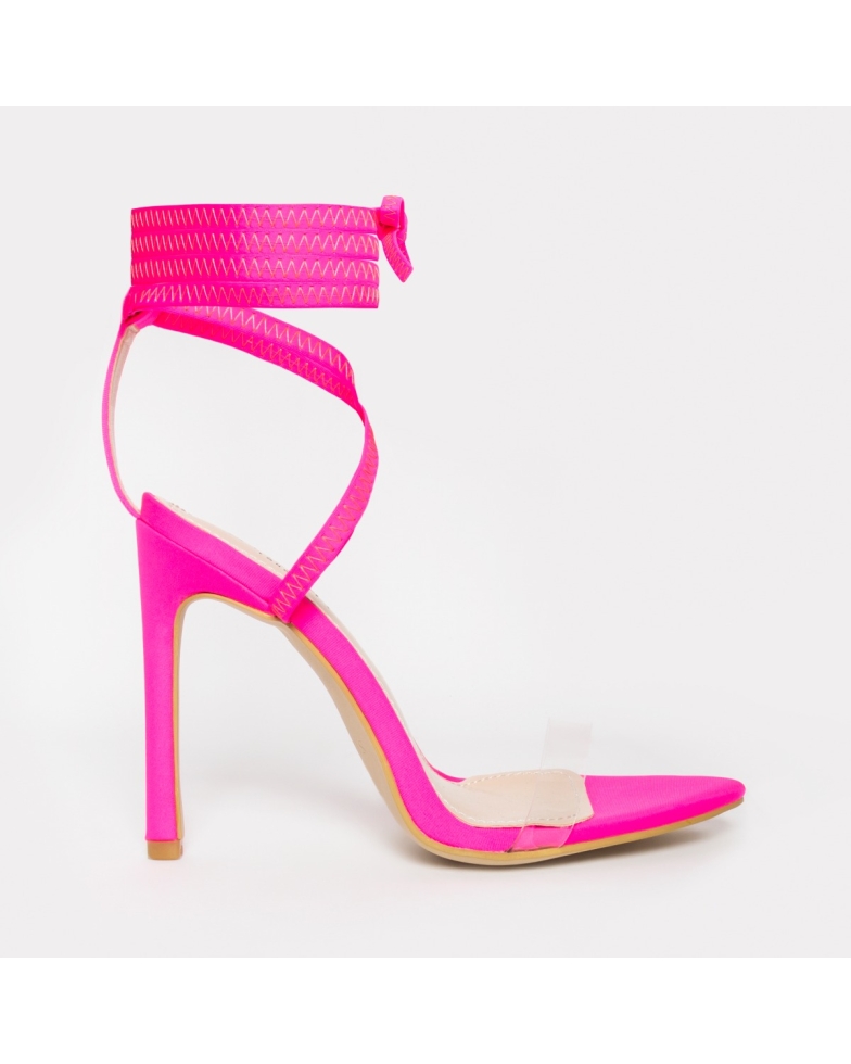 Zana Neon Pink Lycra Lace Up Clear Stiletto Heels