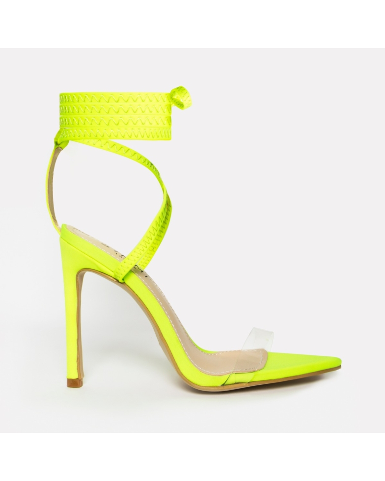 Zana Neon Yellow Lycra Lace Up Clear Stiletto Heels