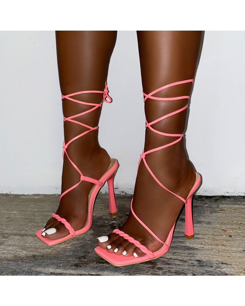 SIMMI SHOES / Clermont Twins Snatched Bright Pink Twist Strap Lace Up Heels