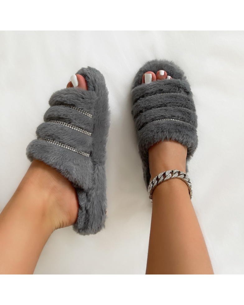 Snuggles Grey Stripe Diamante Fluffy Slippers | SIMMI London