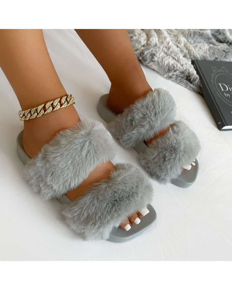 SIMMI Shoes / Sugar Crush Light Grey Fluffy Faux Fur Double Strap Slippers