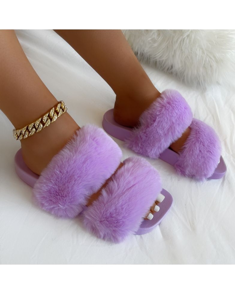 SIMMI Shoes / Sugar Crush Lilac Fluffy Faux Fur Double Strap Slippers