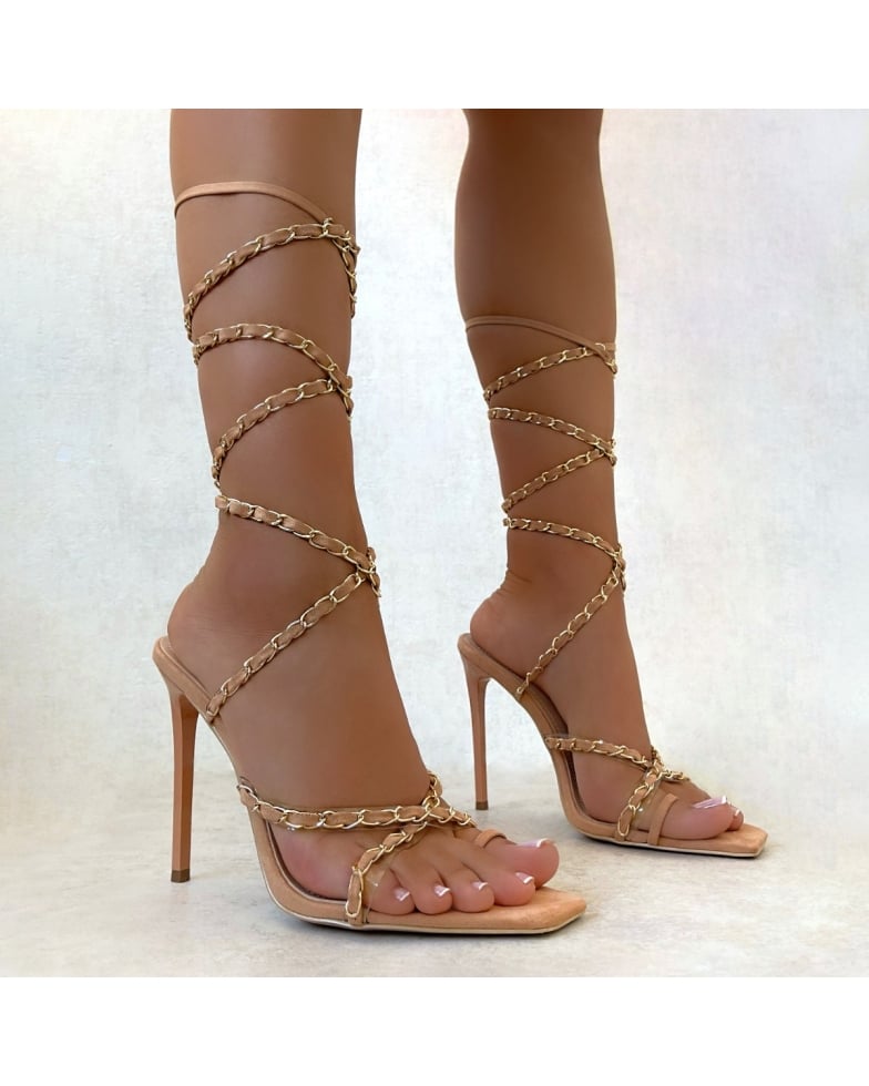 Talisha Nude Faux Suede Chain Lace Up Stiletto Heels | SIMMI London