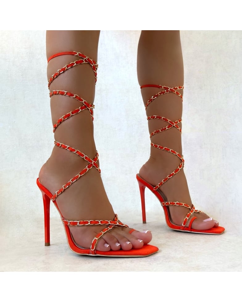 Talisha Orange Faux Suede Chain Lace Up Stiletto Heels | SIMMI London
