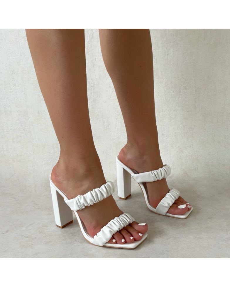 SIMMI Shoes / Tanice White Ruched Double Strap Block Heel Mules