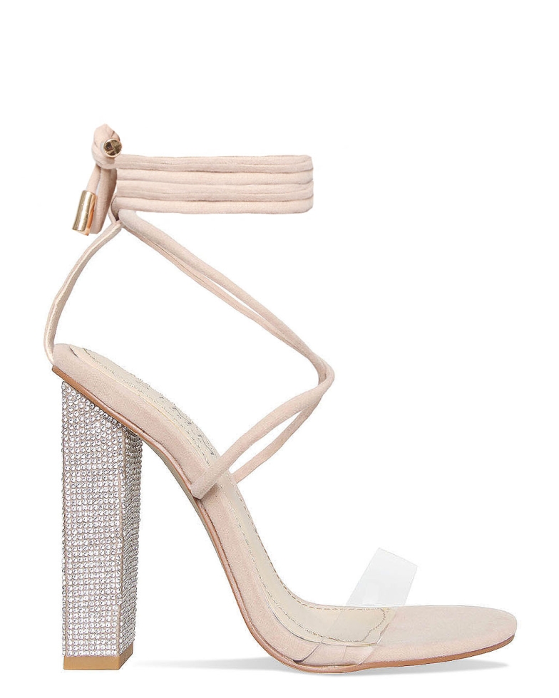 Karla Nude Suede Clear Lace Up Diamante Heels