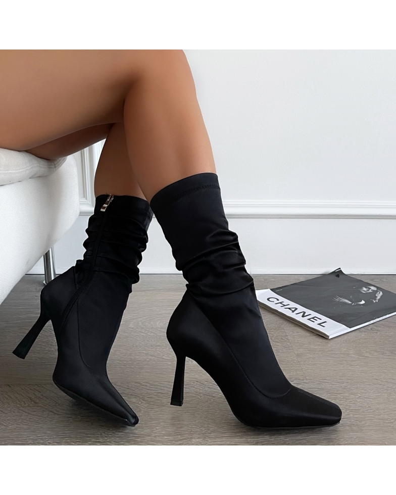 SIMMI LONDON / Tatum Black Satin Ruched Ankle Boots