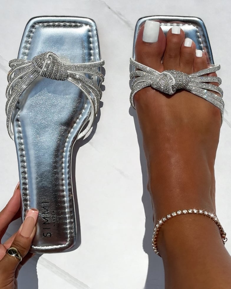 Marquelle Wide Fit Silver Diamante Knot Flat Sandals